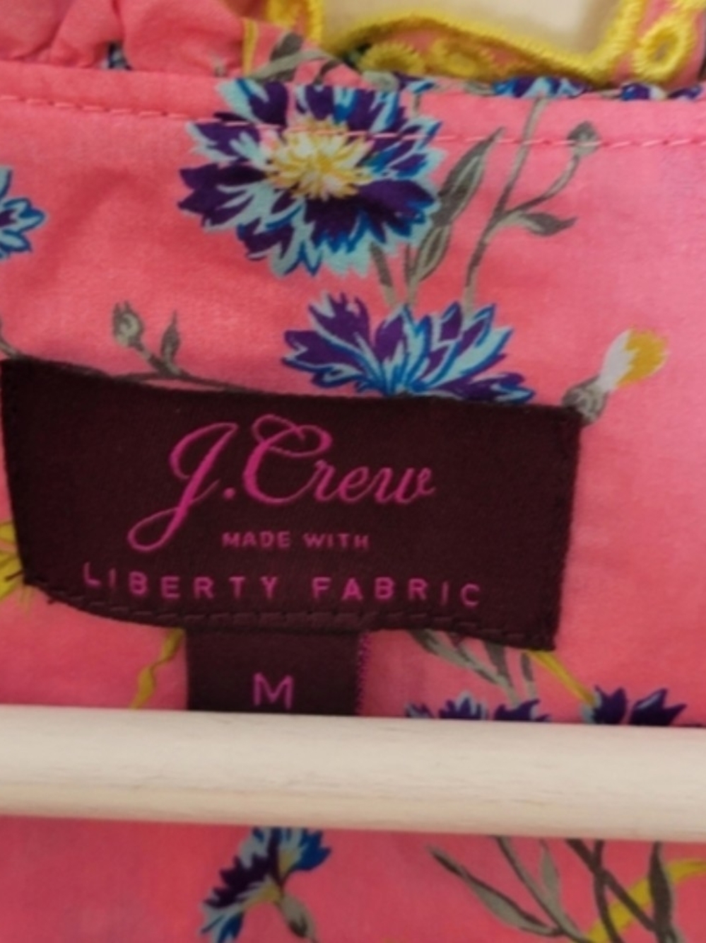 J. Crew Pink Floral Ruffle Button-Front Top with Yellow Eyelet Trim - Picture 4 of 7